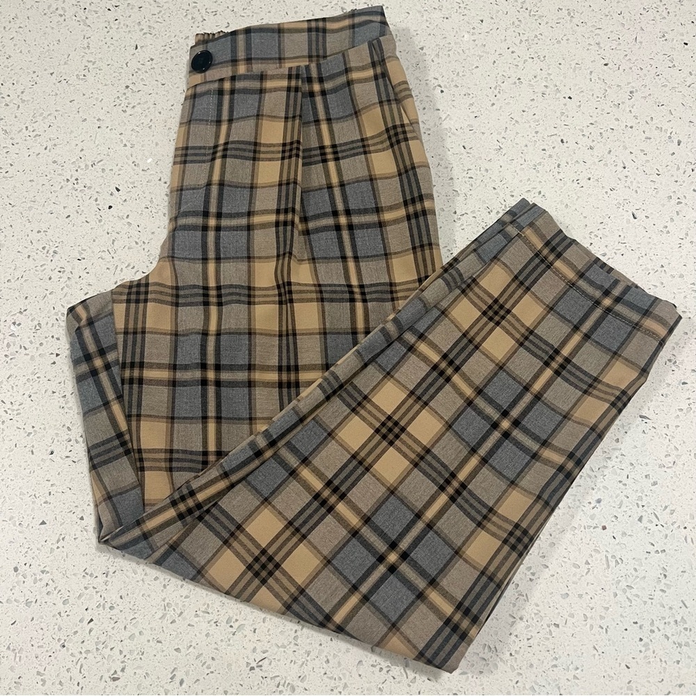 PRIMARK Pull On Plaid Tan and Gray Elastic Back Waist Womens Size 8 Pants